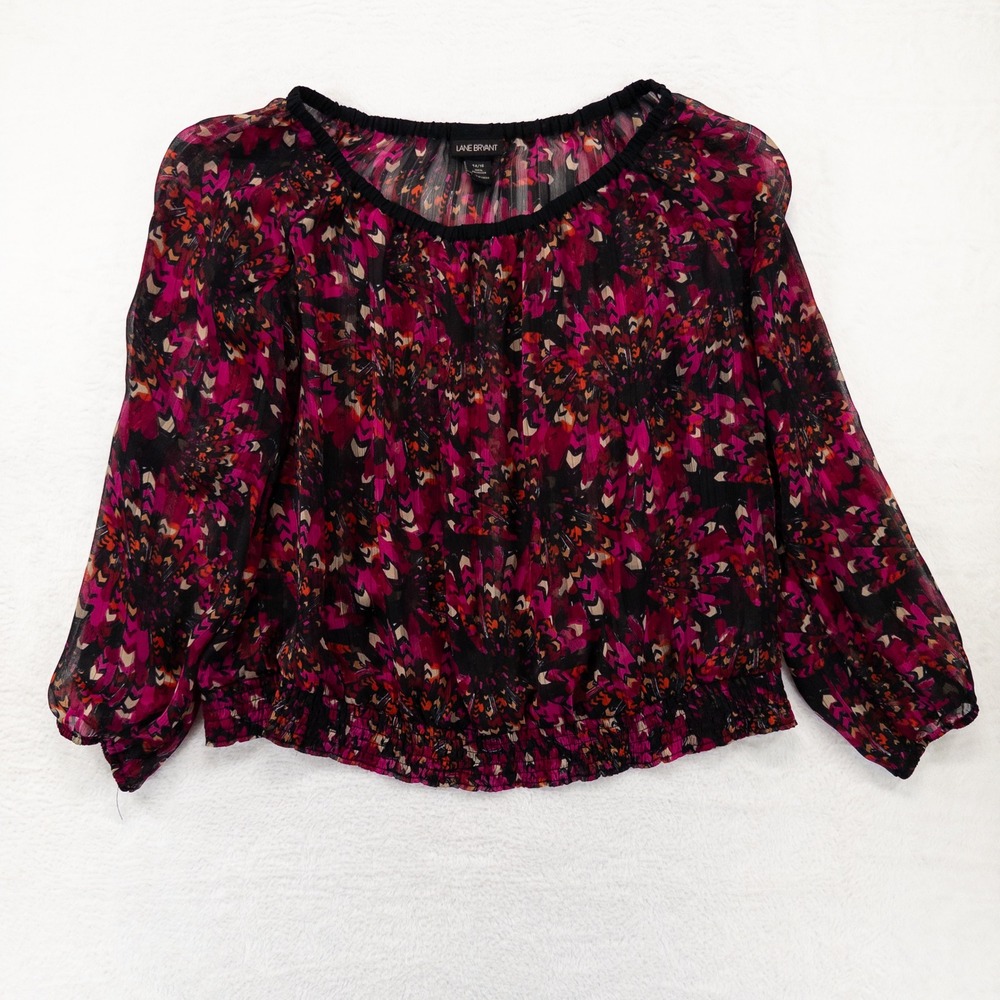 Lane Bryant Womens Blouse 14/16 Pink Black Abstract Feather Print Smocked Hem